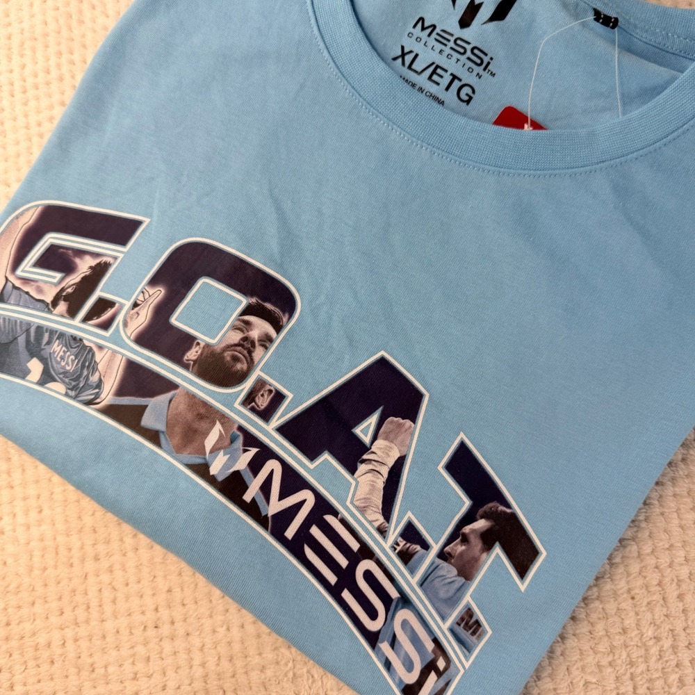 Messi Collection GOAT Graphic T-Shirt Mens XL Light Blue Soccer Tee NWT K228